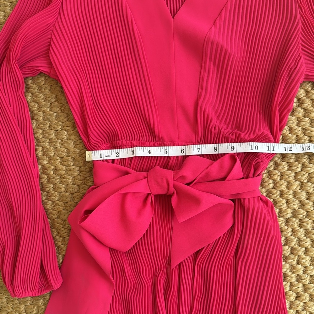 NWOT MILLY Women Liv Pleated Tie-Waist Long Sleeve V-Neck Pink Mini flare Dress - Picture 5 of 7